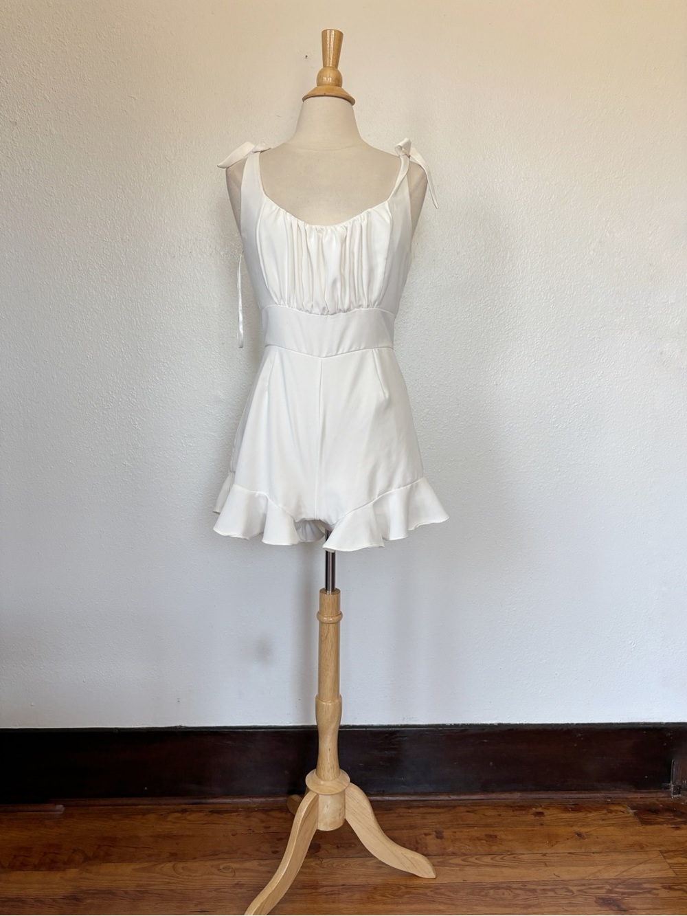 She + Sky White Tie-Shoulder Ruffle Romper